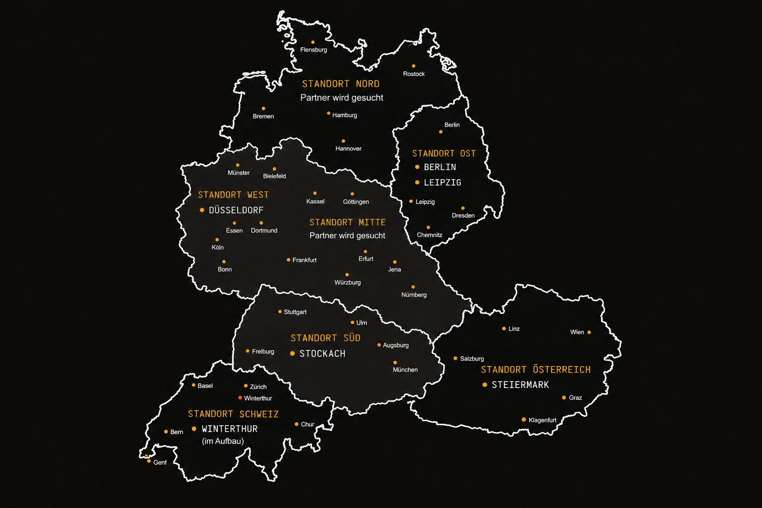 KI-Koffer Standorte im DACH-Raum: aktive Standorte West (Düsseldorf), Ost (Berlin/Leipzig), Süd (Stockach), Österreich (Steiermark) sowie Schweiz (Winterthur, in Vorbereitung). Akquise-Regionen Mitte (Hessen, RLP, Saarland, Thüringen) und Nord (Hamburg, Bremen, Niedersachsen, SH, MV) werden gesucht.