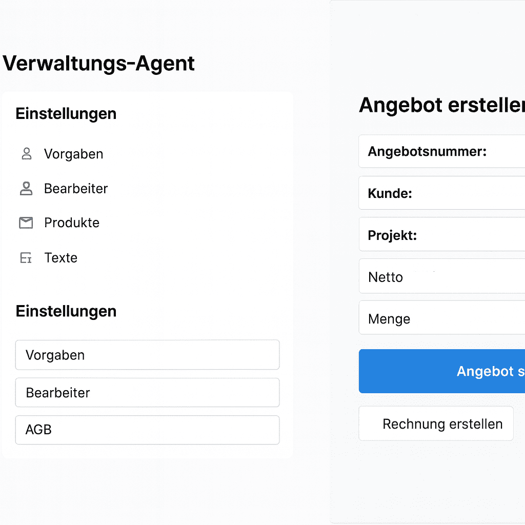 Benutzeroberfläche eines Verwaltungs-Agenten mit Einstellungen und Angebotsformular. KI-Koffer Verwaltung