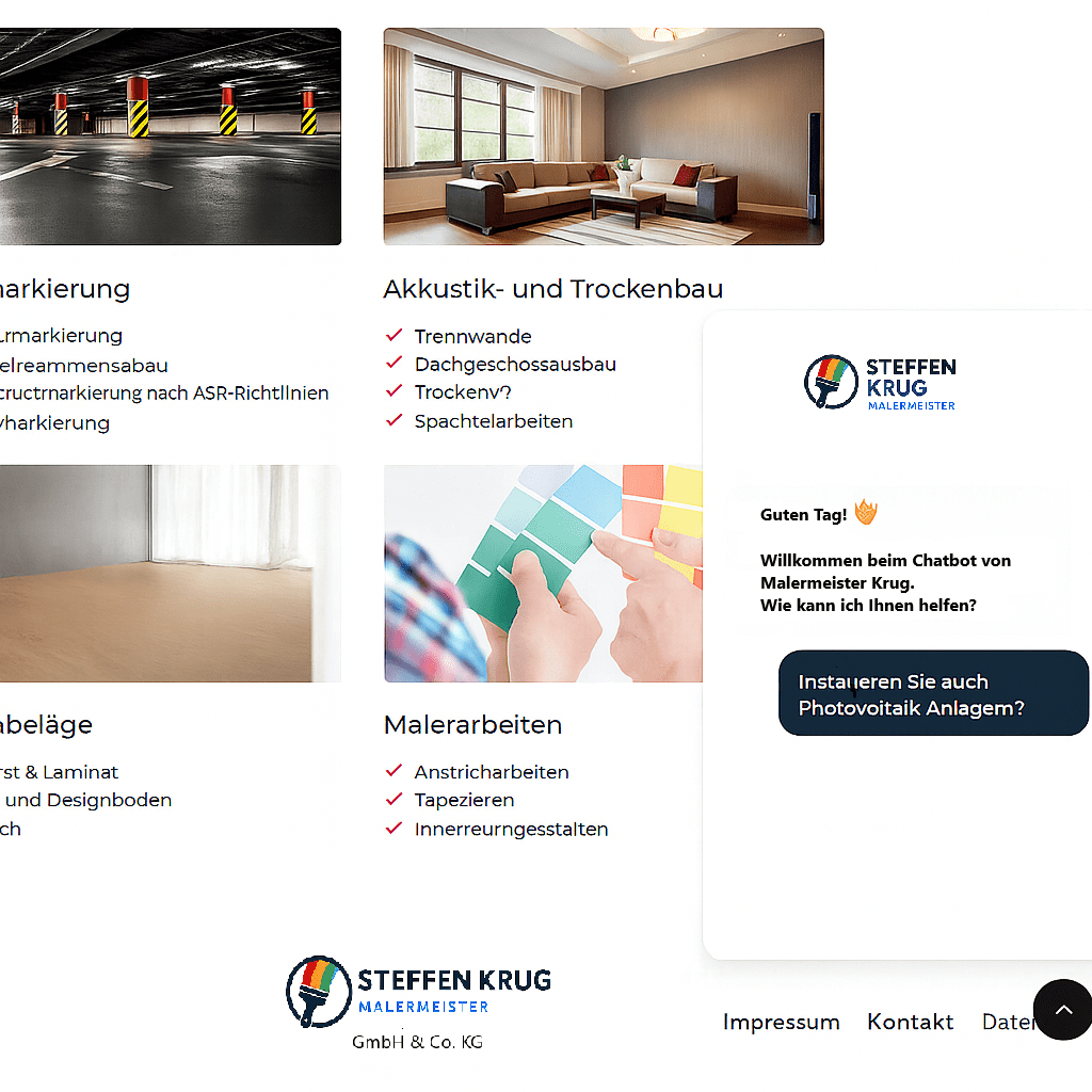 Verschiedene Dienstleistungen im Bereich Malerarbeiten und Innenausbau von Steffen Krug Malerbetrieb. Chat-Bot Webseite KI-Koffer
