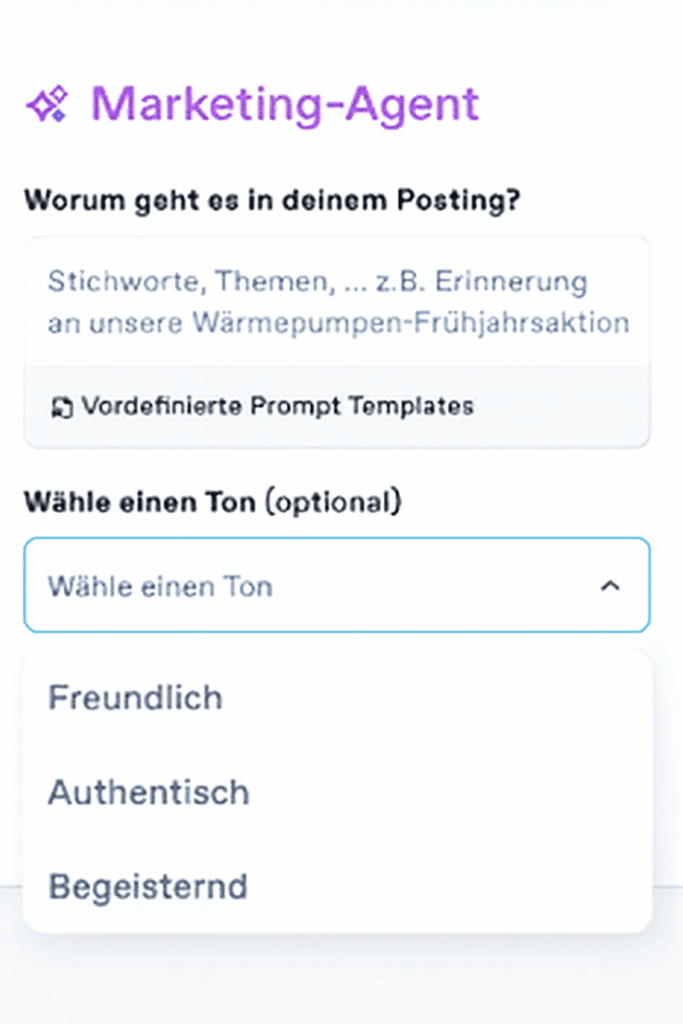 Screenshot einer Benutzeroberfläche für Marketing-Agenten mit Optionen zur Themenwahl und Tonanpassung. KI-Koffer Marketing