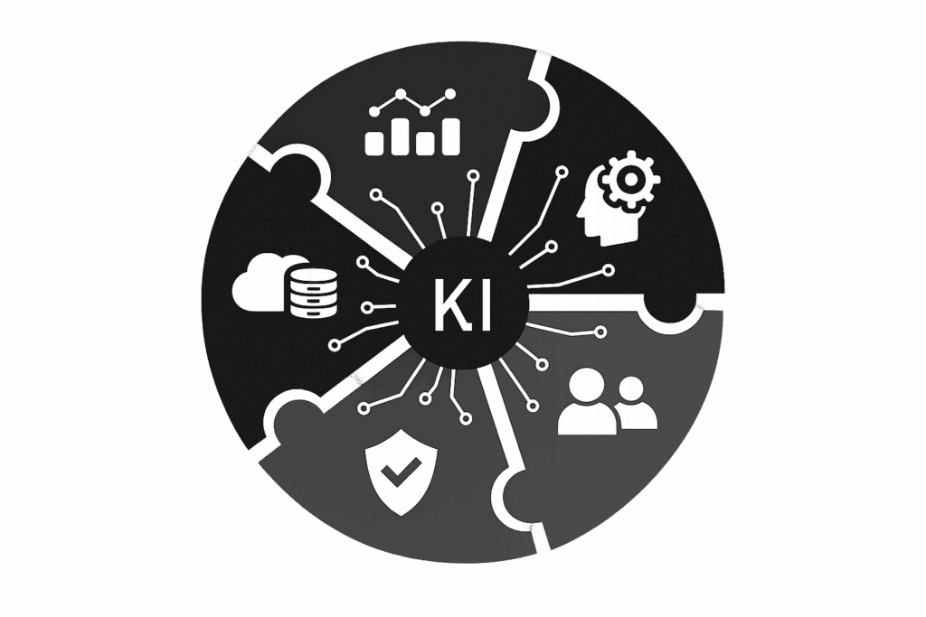 Grafik mit Symbolen für Künstliche Intelligenz, einschließlich Datenanalyse, Cloud, Sicherheit und Zusammenarbeit.