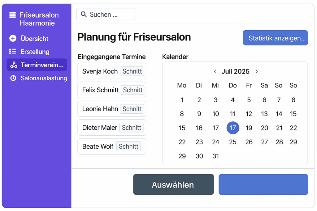 Benutzeroberfläche einer Planungssoftware für Friseursalons mit einem Kalender und Terminen. KI-Koffer Gewerke